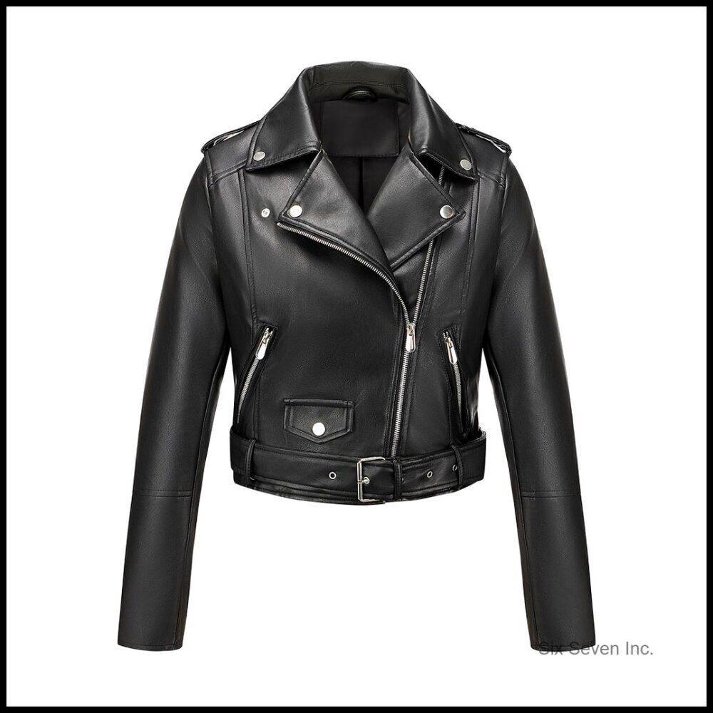 Faux Leather Motorcycle Jacket Slim Fit Cropped Biker Chic Moto Style